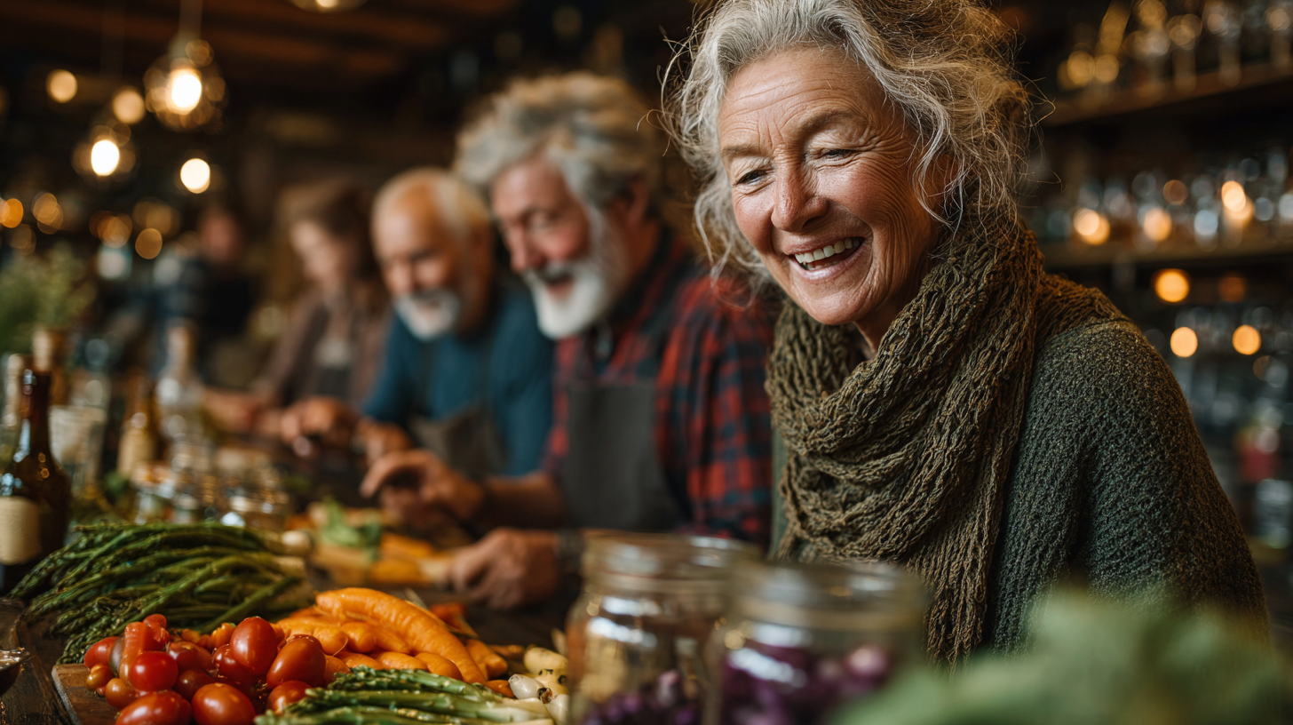 Група старших людей готує здорову їжу разом