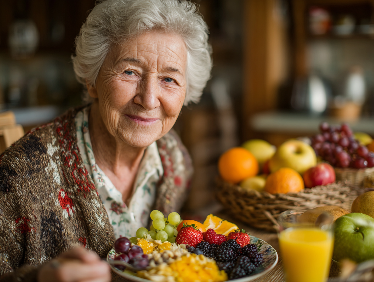 Літні люди обідають здоровою їжею в затишній обстановці